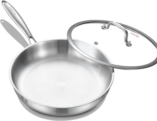 DELARLO Tri-Ply Stainless Steel Frying Pan with Lid, Compatible with All Cooktops Up to 600℉, Heavy Duty, 8 inch Fry Pan with Lid, Fast & Even Heat, 8 inch Skillet, 18/10 Stainless Steel Pan