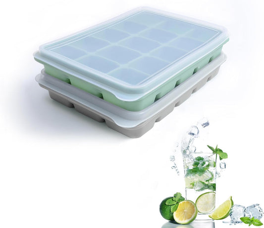 Ice Cube Trays Set of 2, Easy Release 15 Flexible Silicone Ice Cube Molds with Removable Lid Reusable Freezer Ice Trays Stackable for Whiskey, Baby Food, BPA Free (GREEN+GRAY)