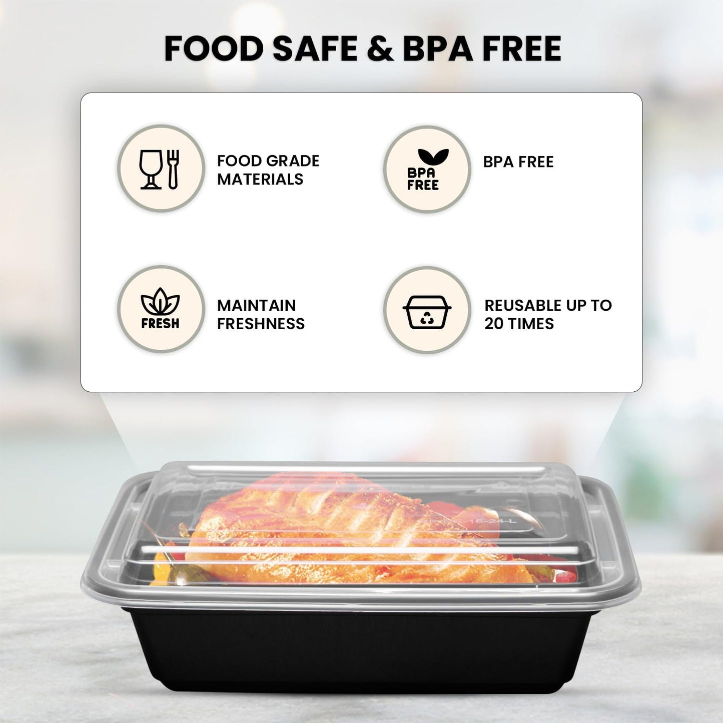 Klex 38 Oz, 150 Sets Meal Prep Containers with Airtight Lids, BPA Free, Reusable Plastic Food Container, 38 oz, Rectangular, Black/Clear, 150 Sets