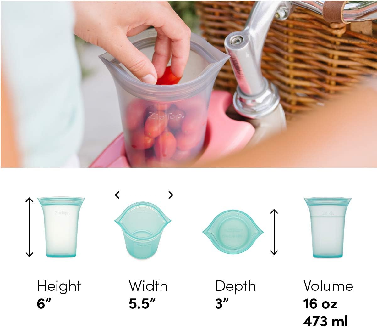 Zip Top Reusable Food Storage Bags | Medium Cup [Teal] | Silicone Meal Prep Container | Microwave, Dishwasher and Freezer Safe | Made in the USA