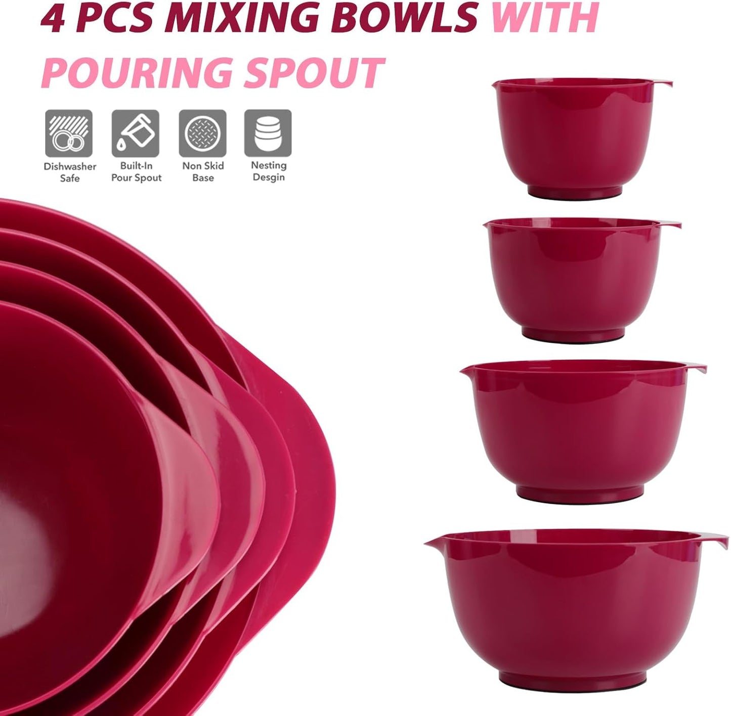 BoxedHome Nesting Plastic Mixing Bowl Set, 4 Piece Mixing Bowl Set with Pour Spouts, Size 1.7, 2.5, 3.5 and 4.5qt, for Prepping, Mixing, Baking, Cooking, Deep Carmine