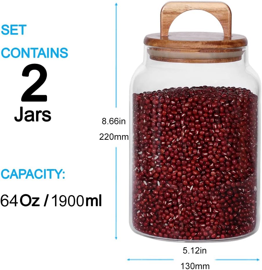 SAIOOL Canister Set of 2, Glass Kitchen Canisters with Airtight Acacia Lid, Tall Clear Airtight Food Storage Jar, Kitchen Pantry Storage Container for Noodles Flour Cereal Coffee