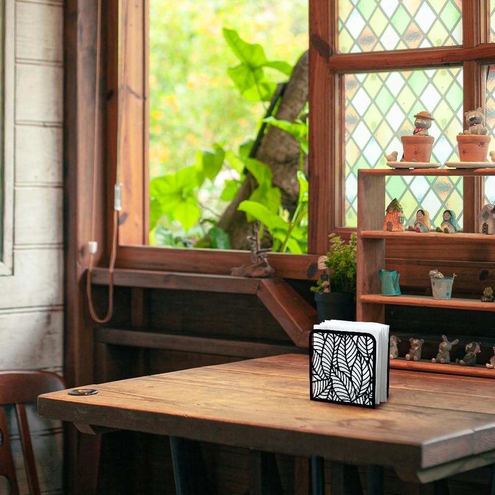 Morden Leaf Decorative Black Metal Napkin Holder for Table, 4.9" x 4.9" x 1.9" Standing Napkin Holder for Home Kitchen Restaurant Picnic Party Coffee Bar Dining Room