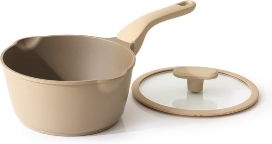 Nonstick Saucepan with Lid, 2 Quart Sauce Pan, Healthy Sauce Pot with Pour Spouts for Multipurpose Use, PTFE, PFOA Free, Induction Compatible, Apricot