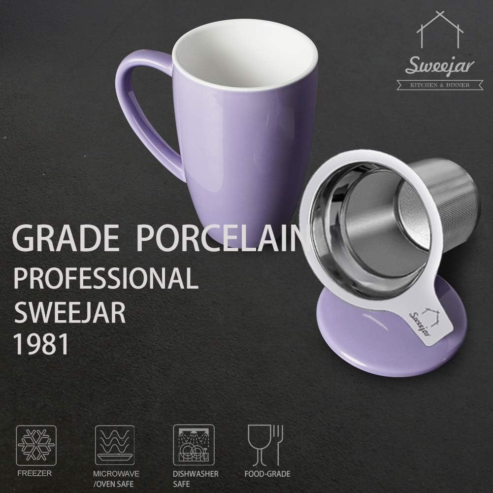 Sweejar Porcelain Tea Infuser Cup with Lid, 16 oz Tea Cup with Strainers for Loose Leaf Tea, Microwave and Dishwasher Safe Coffee Mug, Tea Steeping Mug for Tea Drinkers,Christmas Gift (Purple)