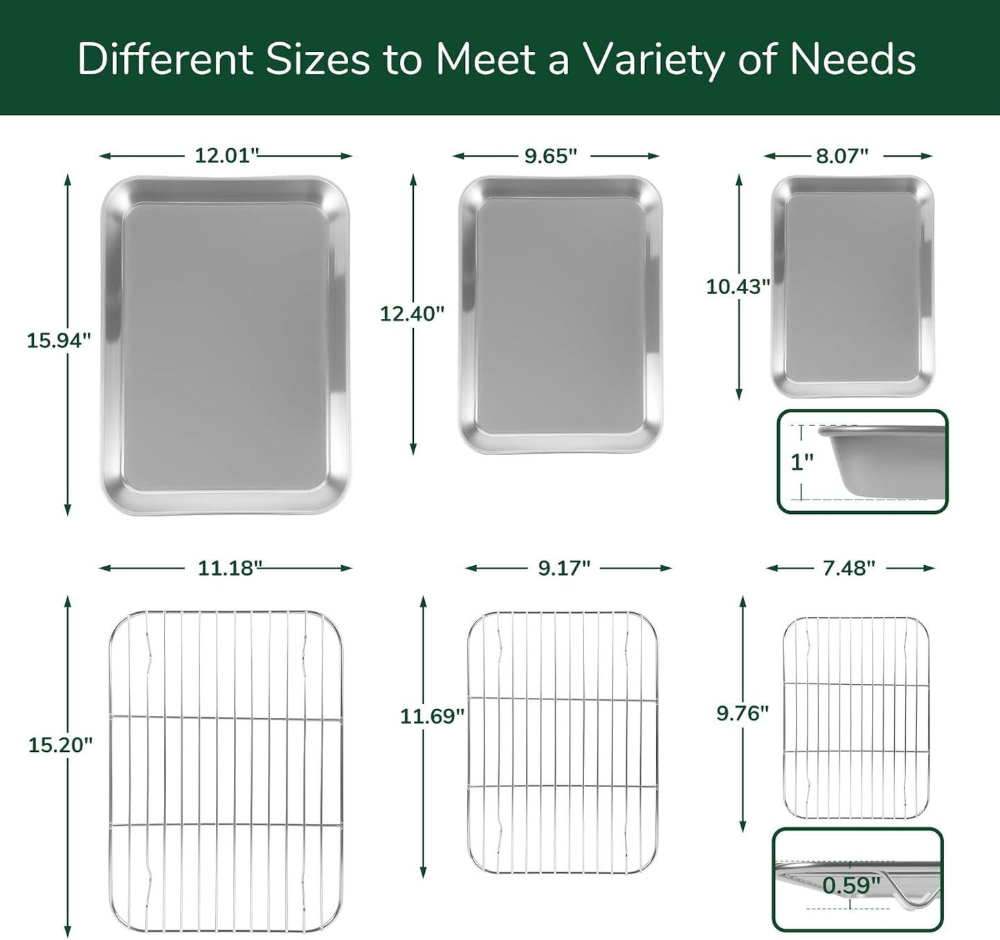 18/0 Stainless Steel Baking Sheet with Cooling Rack, Oven-Safe Non-Toxic Cookie Sheets for Baking, Set of 6, Coating Free & Rust Resistant for Healthy Family Baking, Easy to Clean, Heavy-Duty