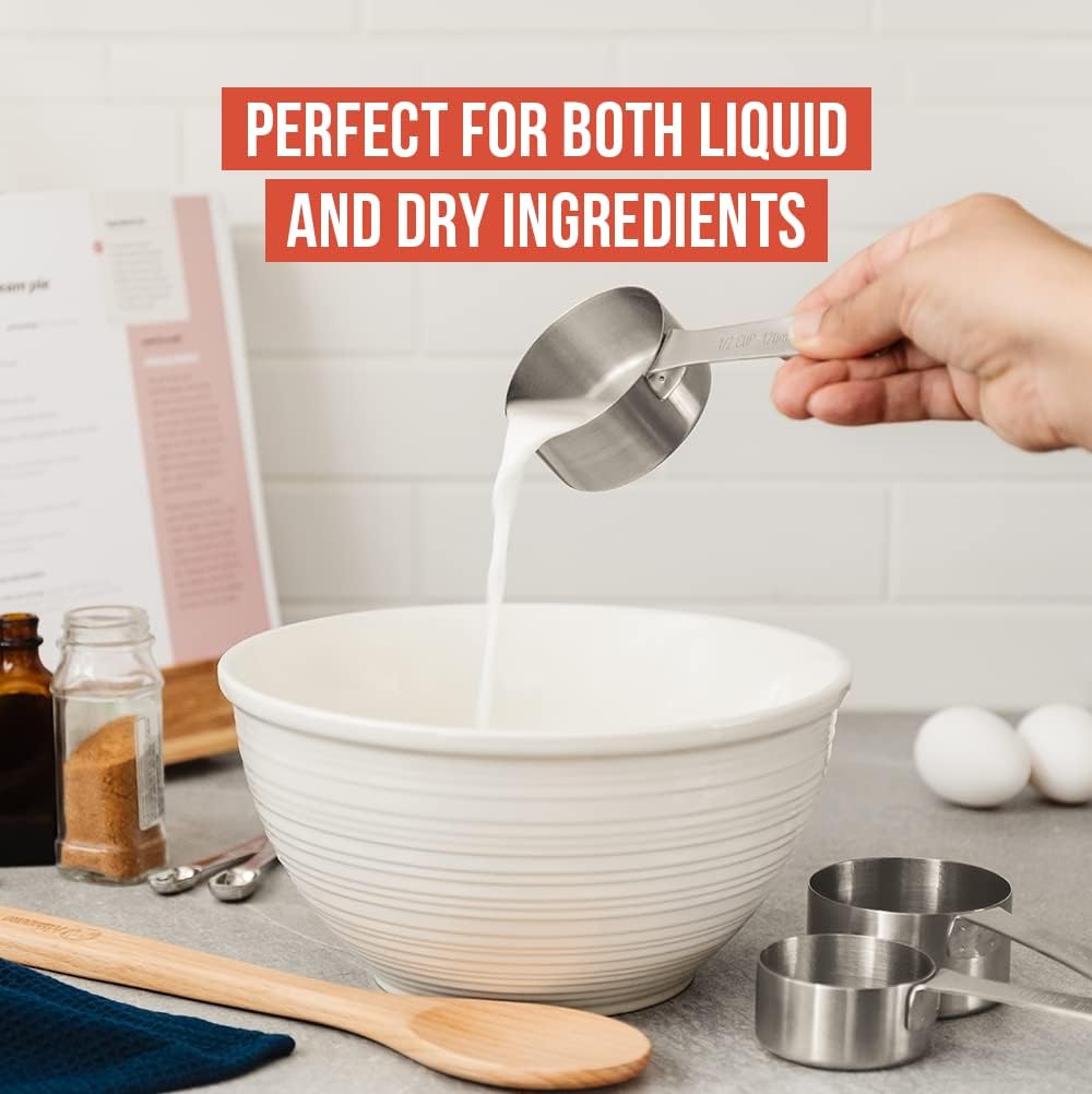 Chef Pomodoro Stainless Steel Measuring Cup Set, Nested and Stackable with 7 Pieces, Sturdy Extra-long Handles with Lasered Markings and Sorting Ring, Metal Kitchen Spoons for Wet and Dry Ingredients