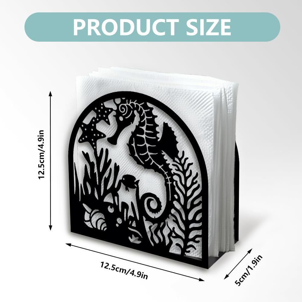Seahorse and Coral Decorative Black Metal Napkin Holder for Table, 4.9" x 4.9" x 1.9" Ocean Standing Napkin Holder for Home Kitchen Restaurant Picnic Party Coffee Bar Dining Room