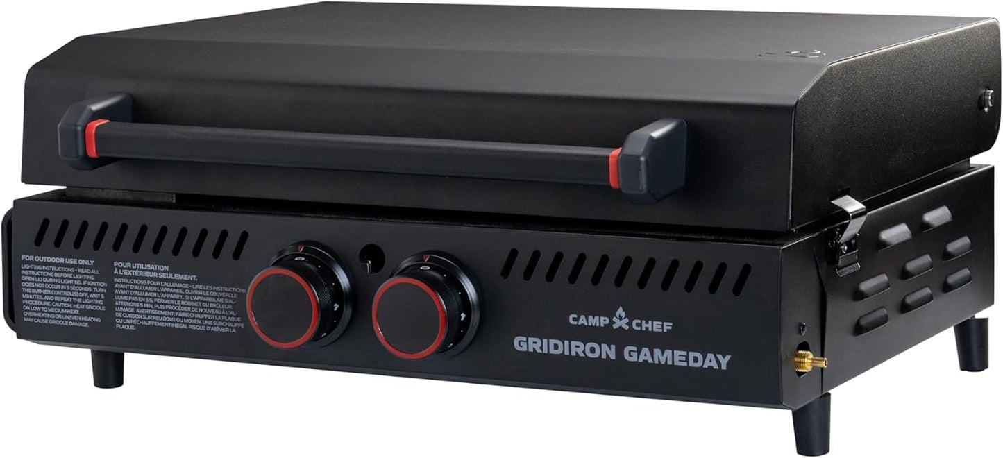 Gridiron Gameday 24" Flat Top Grill – Portable Tabletop Griddle with Hinged Lid, 24,000 BTUs, Flamethrower Ignition, Dual Heat Zones & Adjustable Legs for Tailgating, Camping, Outdoor Cooking