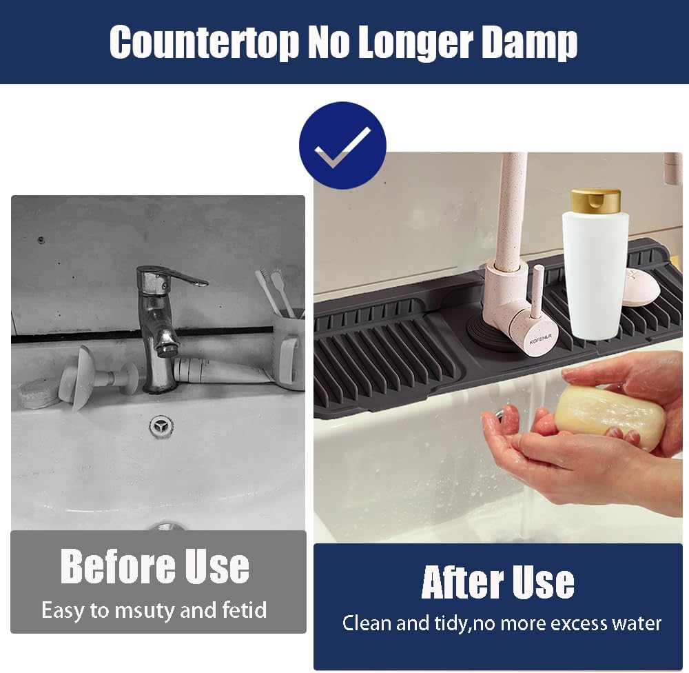 17.7" Silicone Faucet Mat for Kitchen Sink,Folding Sink Splash Guard Behind Faucet,Fasten Button & 6° Slope Design Faucet Drain Mat for Kitchen and Bathroom,Faucet Draining Mat(Black）