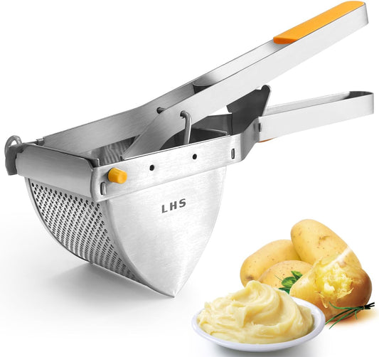 LHS Stainless Steel Potato Ricer and Masher, Heavy Duty Commercial Food Masher, Ergonomic Comfort Grip, Extra Large Capacity, Dishwasher Safe (Orange)
