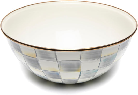 MACKENZIE-CHILDS Enamel Everyday Bowl, Serving Bowl for Entertaining, Large, Gray-and-White Sterling Check, Set of 1
