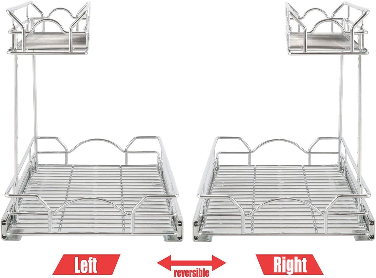 OCG Under Sink Cabinet Organizer Two Tier Pull Out Shelf (11.75W x 17D), Under Sink Sliding Shelf for Kitchen Bathroom Cabinet 2 Tier Chrome