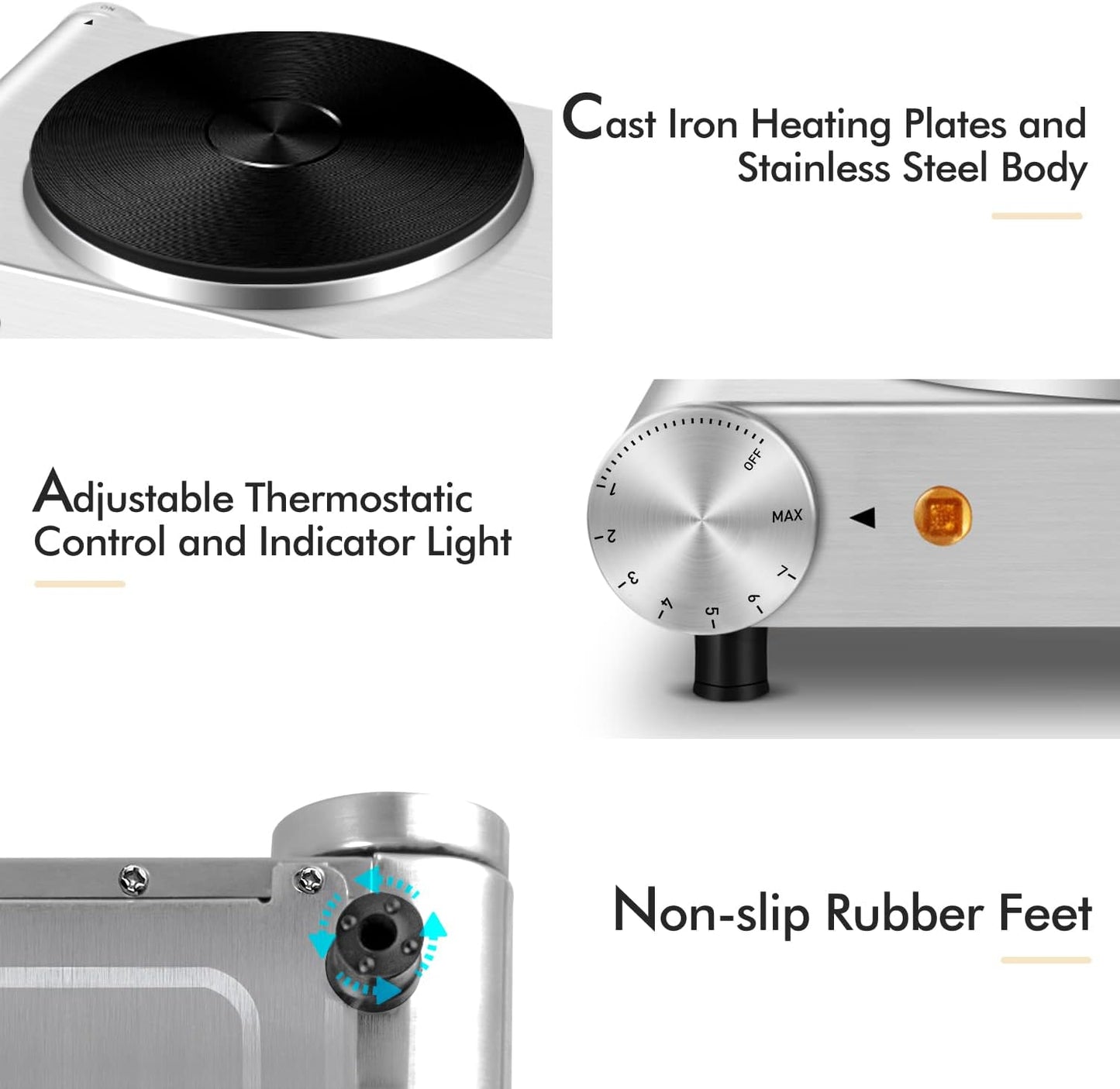 CUSIMAX Double Burner, Electric Hot Plates for Cooking, 1800W Double Hot Plate, Portable Electric Stove, Countertop Burners with Cast Iron Heating Plates, Works with All Cookwares, Upgraded Version