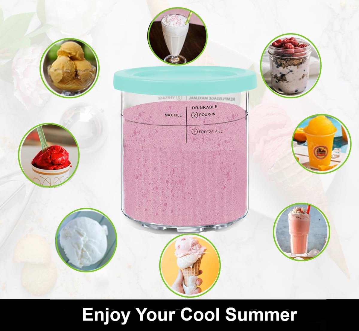 Ice Cream Containers Replacement Pints and Lids 24oz for Ninja Creami Compatible with NC500 NC501 Deluxe BPA-Free Dishwasher Safe Airtight Leaf-Proof 4 Pack Pink Green Blue Yellow