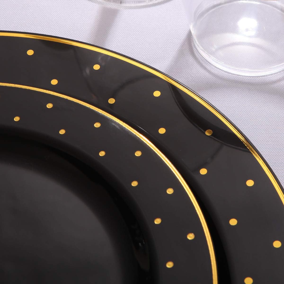 I00000 102Pcs Plastic Black Gold plates, New Year Black Plastic Plates Including 51 Dinner Plates 10.25" and 51 Salad Plates 7.5" with Gold Dots, Premium Gold Disposable Plates for Party & New Year