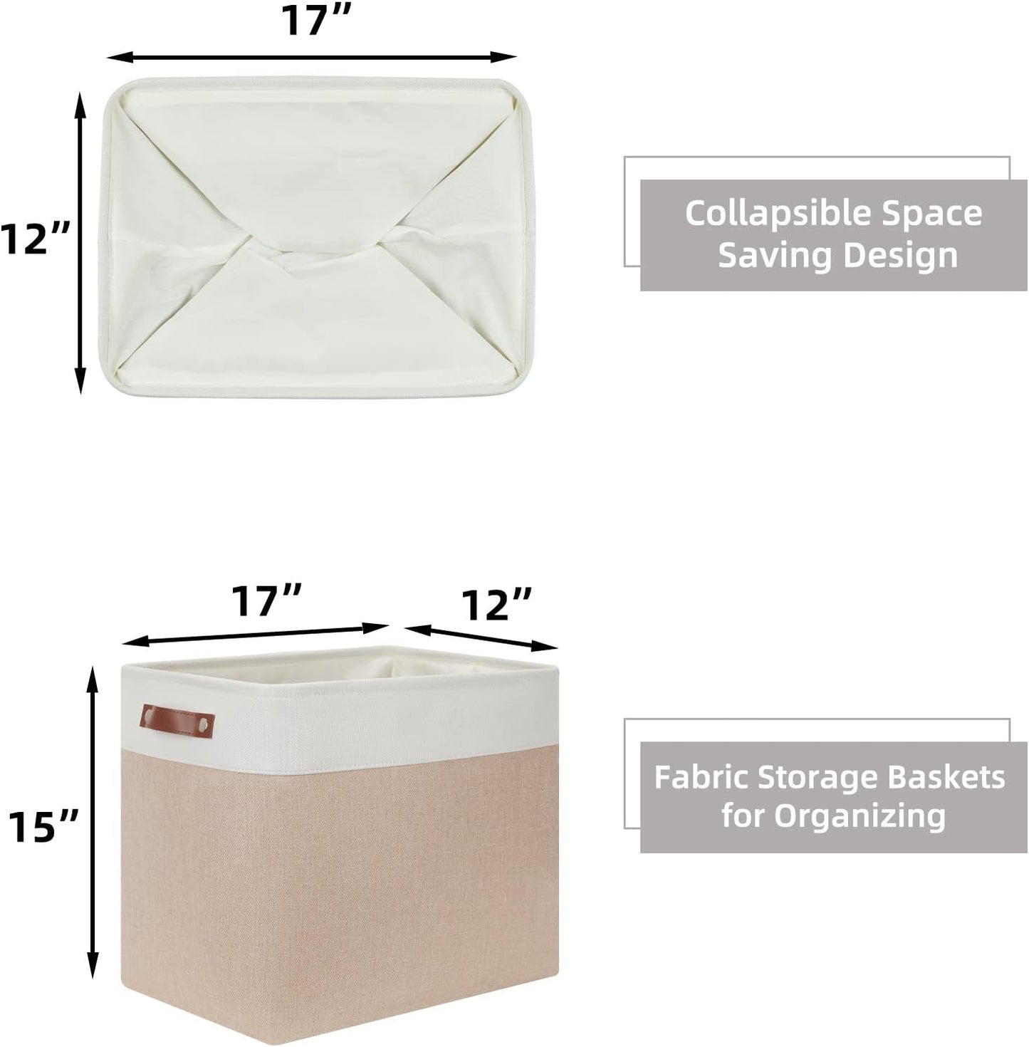HNZIGE Large Fabric Storage Basket for Shelves, Rectangular Storage Bins Baskets for Storage, Canvas Collapsible Storage Bins with Handles for Organizing Home, Closet(White Beige)