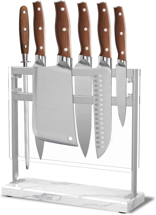 Magnetic Knife Stand Block with Marble Base, Double-sided Stainless Steel Magnets for Countertop with Acrylic Shield, Magnetic Knife Holder for Kitchen Storage, 12 IN, White