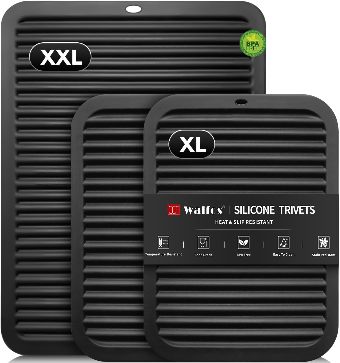 Walfos XXL Silicone Trivet 16 Inch and Trivets Mats 12 Inch, Trivets for Hot Pots and Pans, Heat Resistant Pot Holders Hot Pads for Kitchen Quartz Countertops, Hot Dishes, 3 Pack