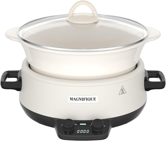 MAGNIFIQUE 5 Quart Programmable Slow Cooker with Auto Warm Setting, Glazed Ceramic Liner, Kitchen Small Appliance for Family Dinners, White
