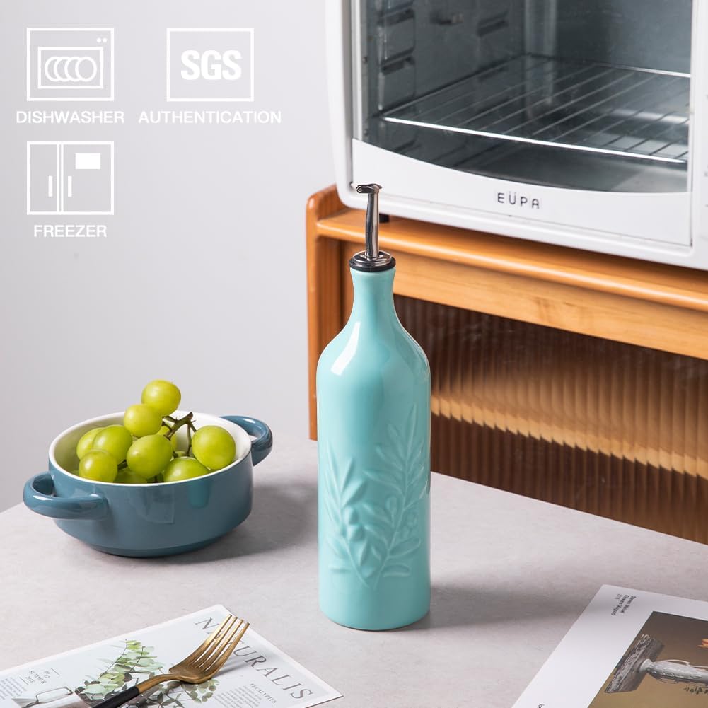 Sweejar Ceramic Olive Oil Dispenser Bottle, 24 Oz Relief Design EVOO Oil and Vinegar Dispensing Bottle with Spout for Kitchen, Set of 1 (Turquoise)
