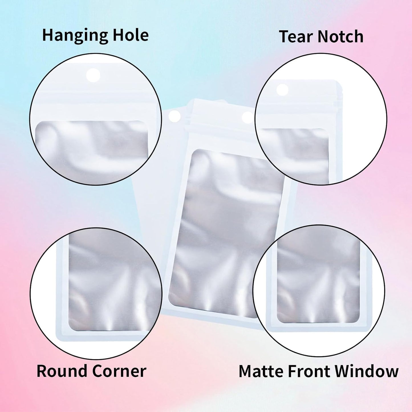 200 Pack Resealable Mylar Holographic Bags Food Storage Smell Proof Bags with Front Window Foil Packaging Pouch for Candy Sample Jewelry Small Business 3.15×5.51 Inch, White