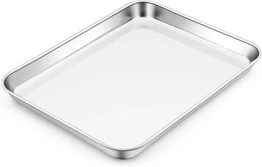 E-far Toaster Oven Tray, 10.5”x8.3” Stainless Steel Small Baking Cookie Sheet, Compact Non-toxic Metal Baking Pan for Cake, Healthy & Rust Free, Mirror Finish & Dishwasher Safe, 1 Pack