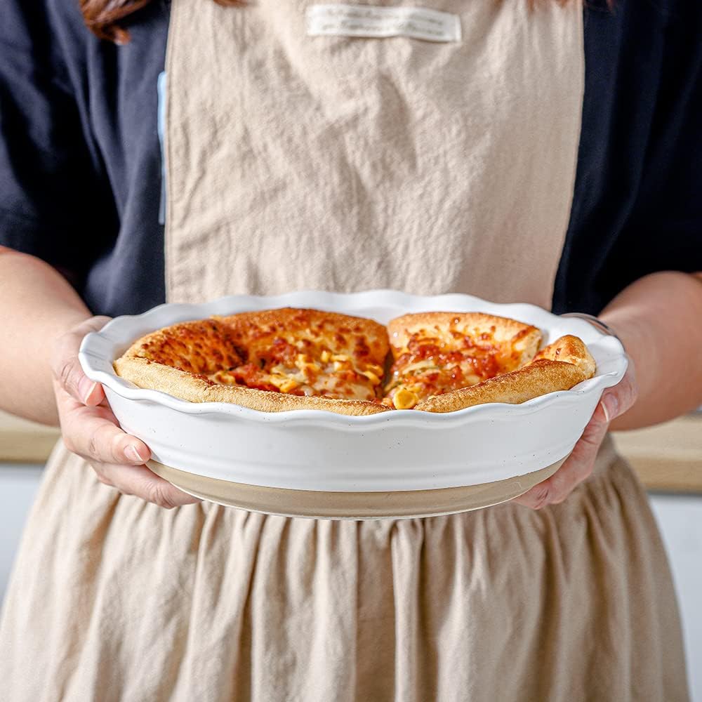 HVH 10 inch Pie Pan for Baking, Ceramic Pie Dish, Deep Dish Pie Plate for Dessert Kitchen, Deep Dish Pie Pan with Fluted Edge, Set of 2, Farmhouse Style (White)