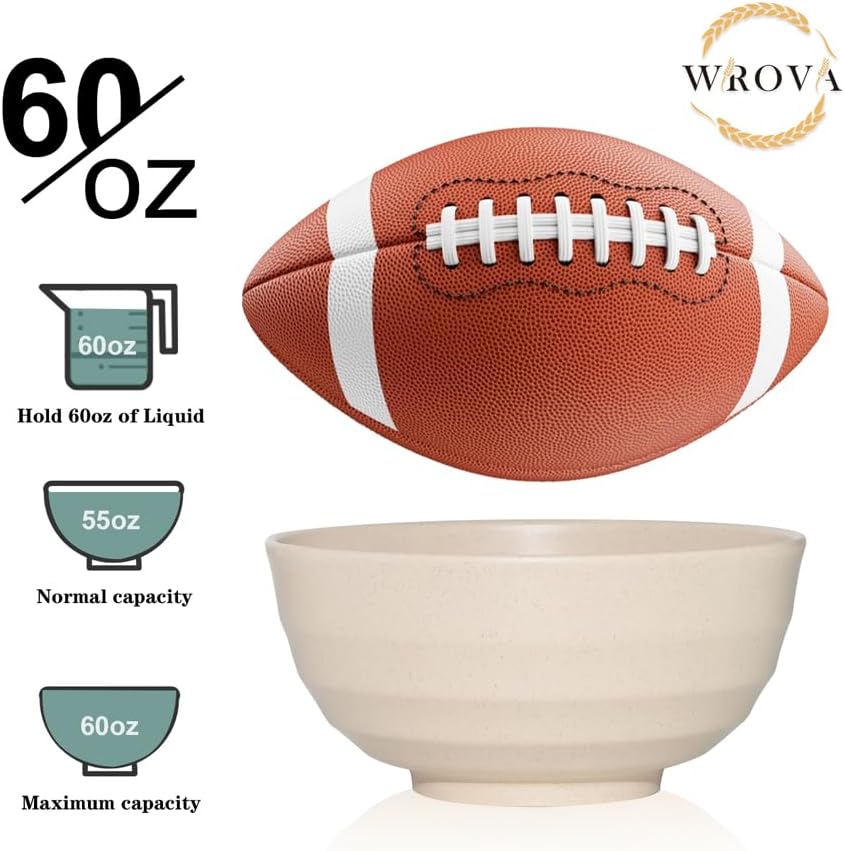 Wheat Straw Bowls Set 60 OZ, Unbreakable Large Beige Bowls Set of 6, Microwave & Dishwasher Safe Big Cereal Bowl for Picnic and Party BPA Free Salad Bowl for Serving Oatmeal and Popcorn (Beige)