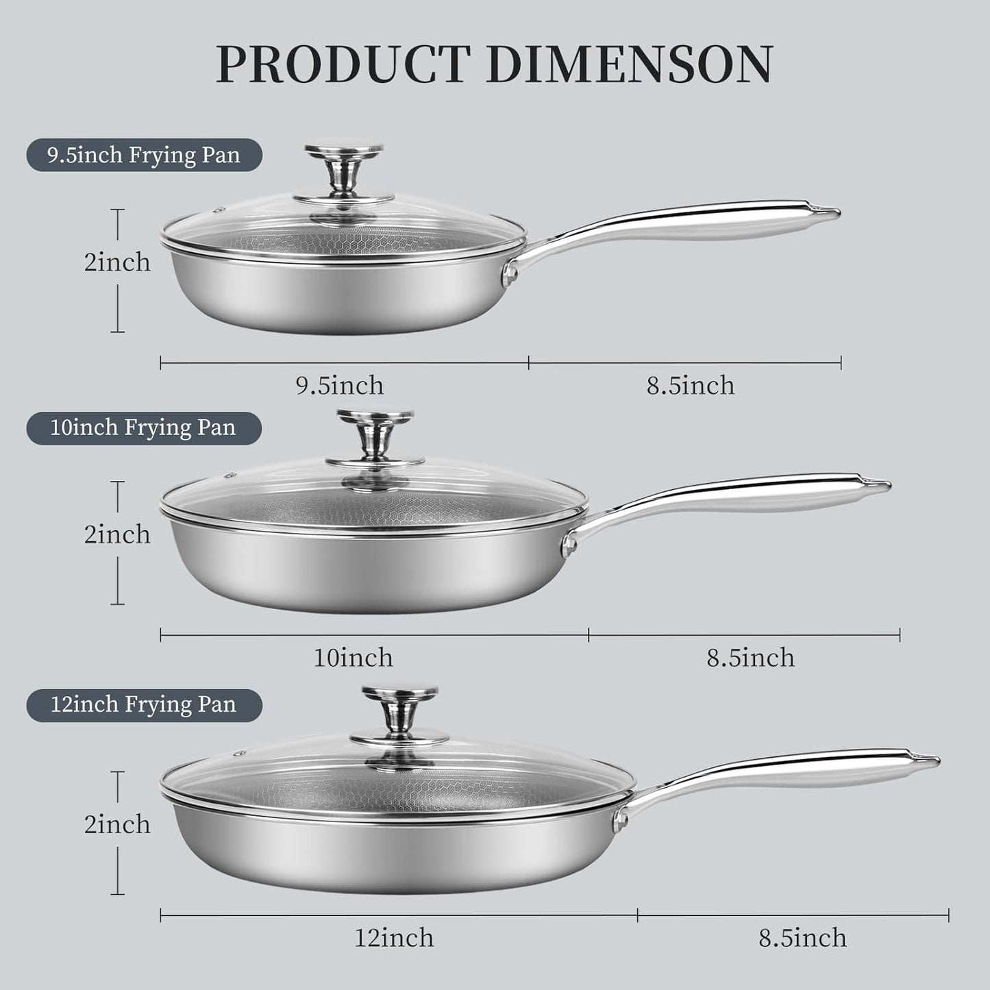 6 Piece Stainless Steel Frying Pan Set with Lids, Nonstick Honeycomb Frying Pan Set, 3pcs W/Stay Cool Handle, Skillet Works Pan for Cooking with Induction, Gas, Ceramic & Electric Stovetops