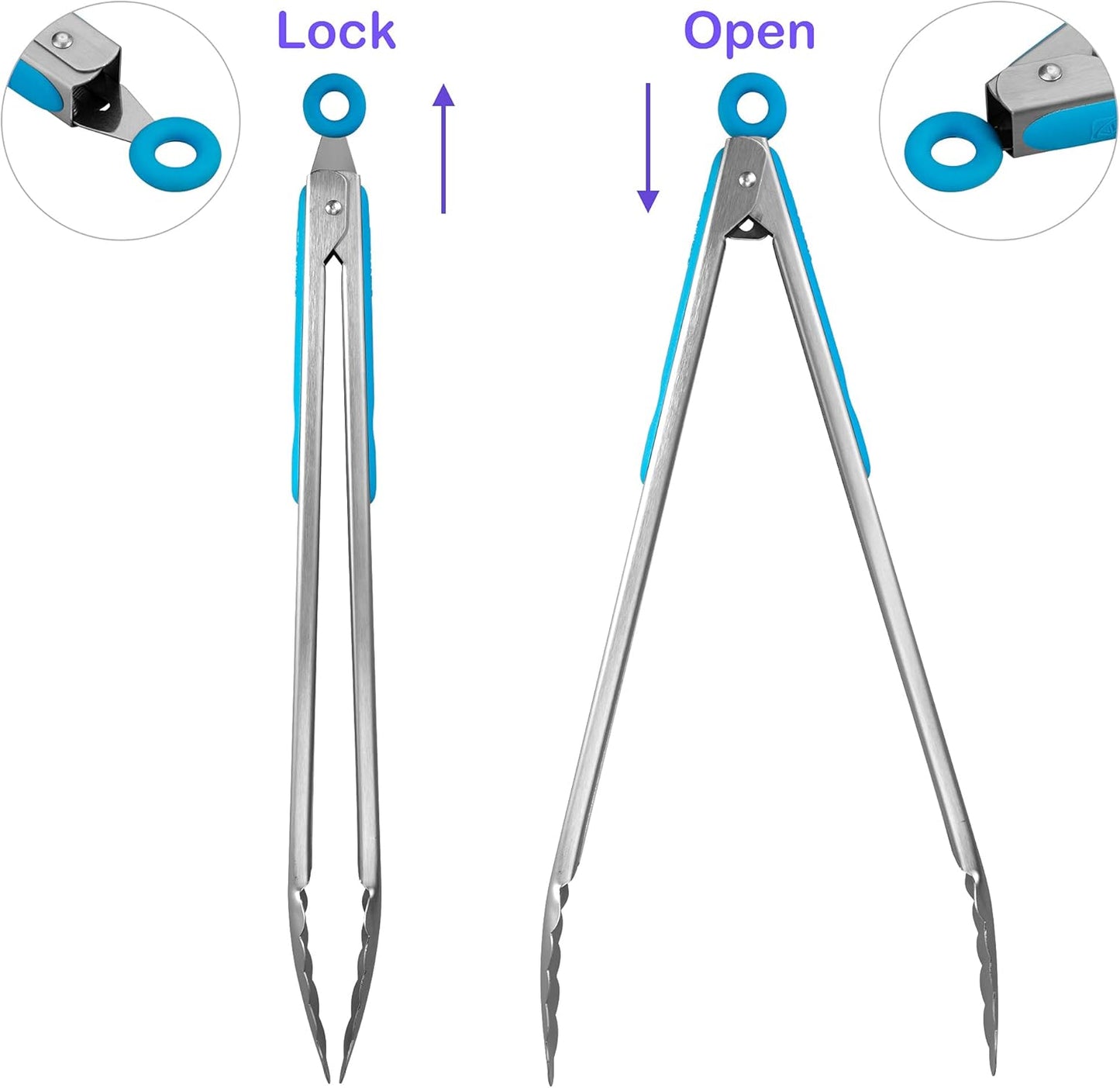 304 Stainless Steel Kitchen Cooking Tongs, 14" and 16" Set of 2 Sturdy Grilling Barbeque Brushed Locking Food Tongs with Ergonomic Grip, Blue