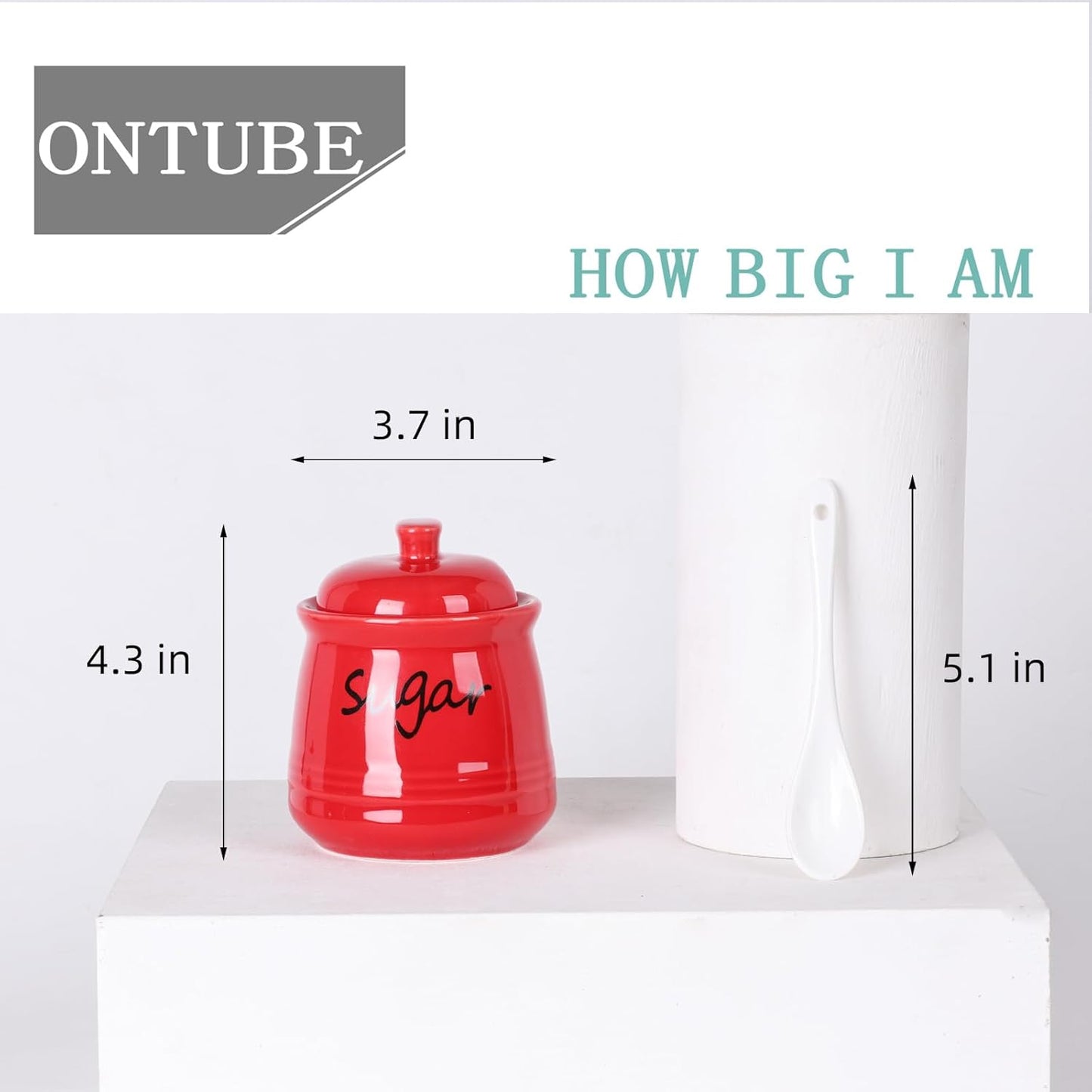 ONTUBE Ceramic Sugar Bowl with Lid and Spoon 12oz (Red)