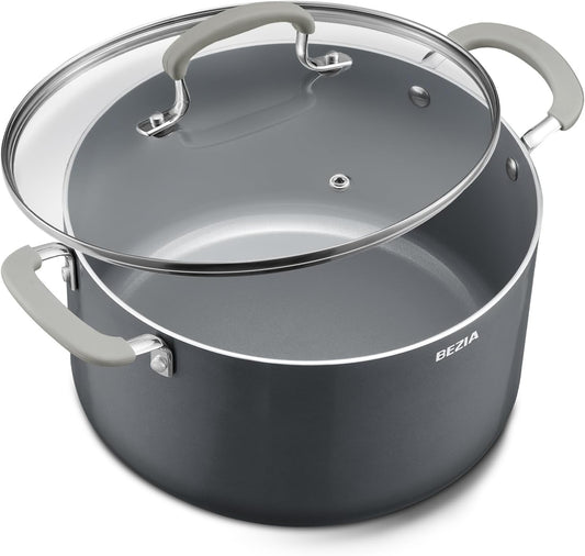 10 Quart Pot with Lid, BEZIA Ceramic Nonstick Stock Pot with Lid, Induction Ready, Large Cooking Pot with Silicone Handle, Compatible with All Cooktops, Dishwasher Safe