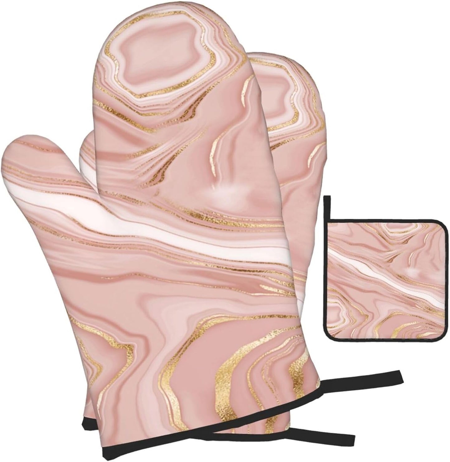 Pink Golden Marble Oven Mitts and Pot Holders Sets of 3 Heat Resistant Hot Pads Rose Pink Modern Oven Gloves for Kitchen Cooking BBQ Baking