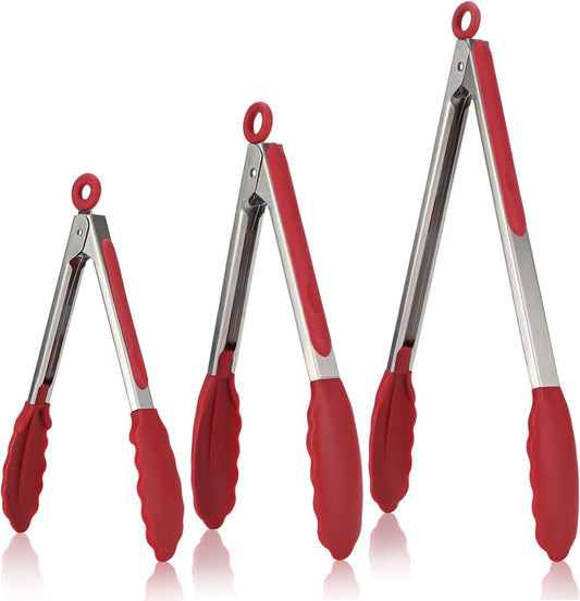 U-Taste Kitchen Tongs, 7/9/12 inches Cooking Tongs, with 600ºF High Heat-Resistant Non-Stick Silicone Tips, 18/8 Stainless Steel Handle, for Food Grill, Salad, BBQ, Frying, Serving, Pack of 3(Red)