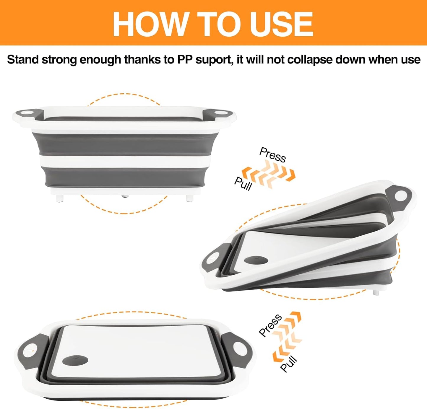 Collapsible BBQ Prep Tub/Cutting Board 10L, Foldable Dish Tub with Colander, Portable Camping Sink, Multifunction Dishing Basin Bucket Wash Tub for Kitchen Fruit Vegetable Picnic (Gray)