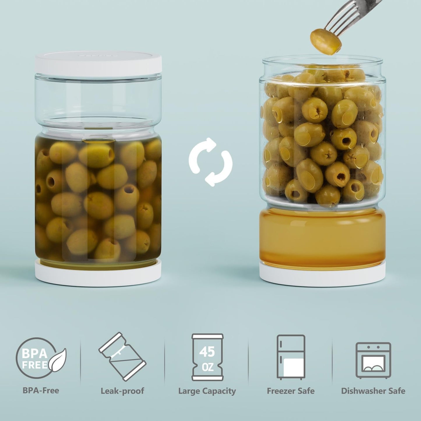 Glass Pickle Jar with Strainer for Pickle Lover - 45 Oz Leakproof and Airtight Juice Separator for Olive, Gherkin, Chilli, BPA Free, Dishwasher and Refrigerator Safe (White&Blue, 45oz*2pcs)