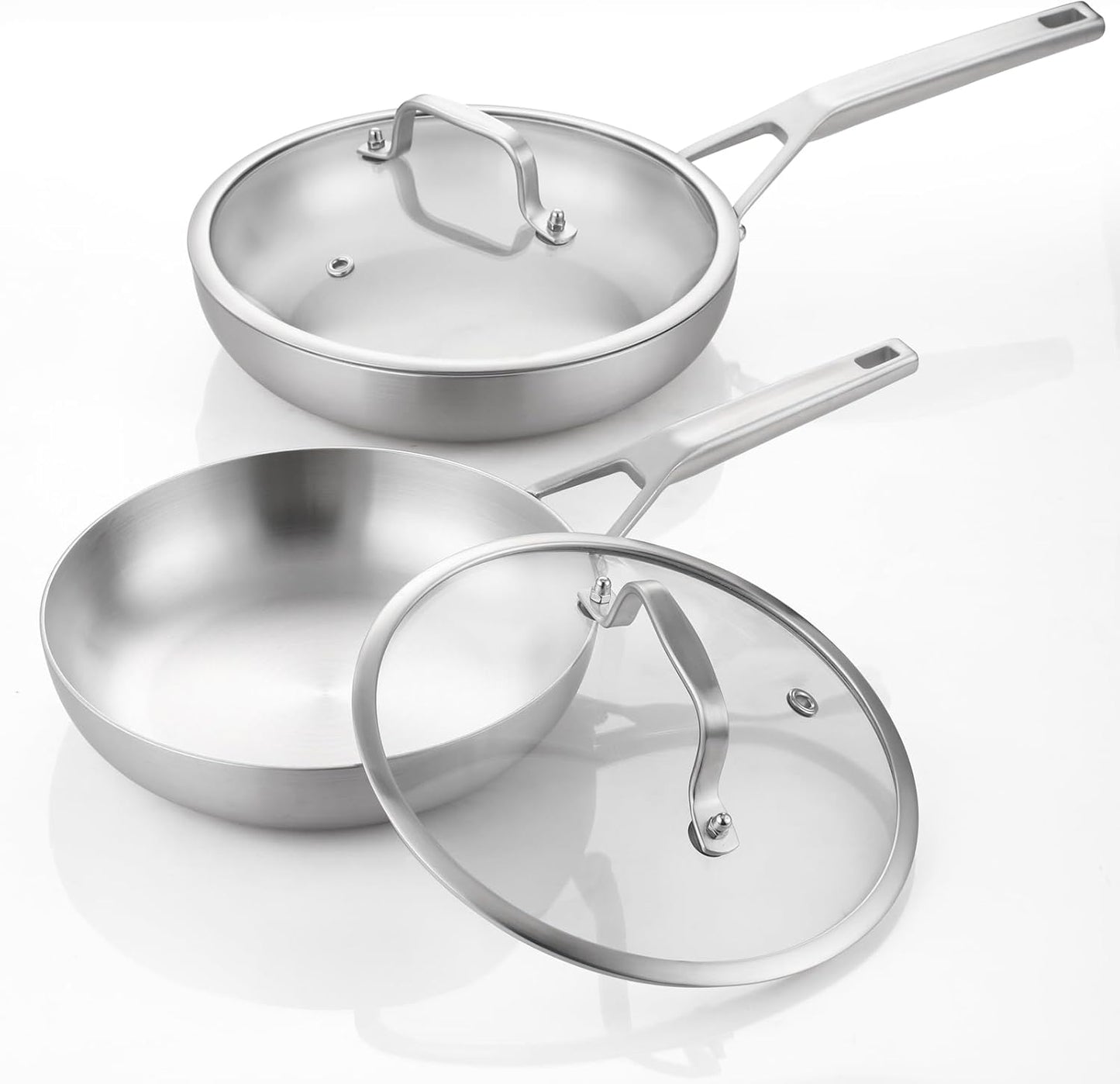 Tri-Ply Stainless Steel Pan Set, 10" & 12" Frying Pans with Lids, 2 Piece Set, Fully Bonded, Oven & Dishwasher Safe, Compatible with All Cooktops Up to 550F