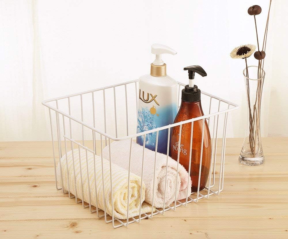 SANNO Freezer Wire Storage Organizer Basket, Refrigerator Storage Baskets Bins Organizer with Built-in Handles for Cabinets, Pantry, Closets, Bedrooms 4 Pack 11"x10"x 7" White