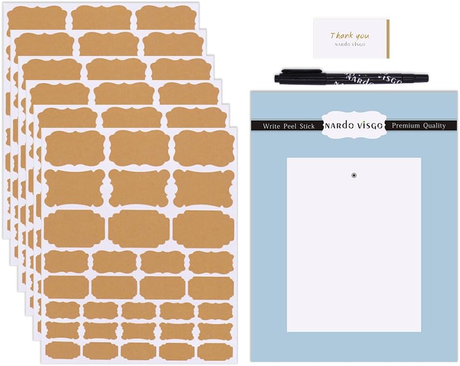 Nardo Visgo Natural Brown Kraft Bottle Labels,Assorted Size Self-Adhesive Removable Kraft Paper Sticker Labels for Essential Oil Bottles,Gift Tags,Mason Jars or Storage Bins,Free Black Marker,192pcs
