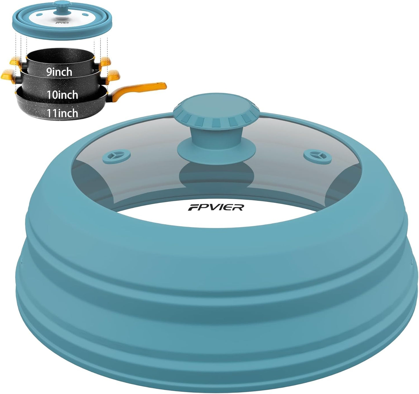 Collapsible Microwave Splatter Cover - Vented Silicone & Glass Lid with Easy-Grip Handle, Fits 6 to 11 Inch Plates & Bowls, 11.8 Inch Diameter, Prevents Splatters & Ensures Even Heating