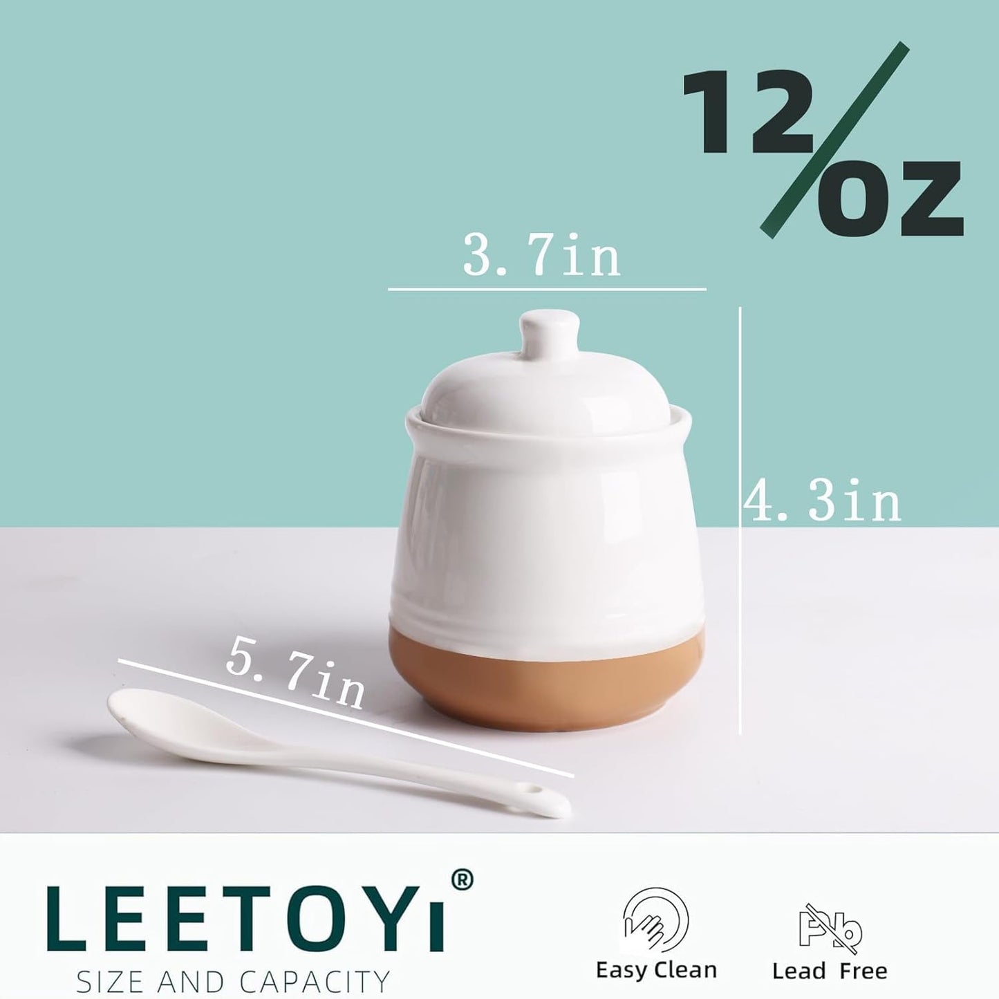 LEETOYI Sugar Bowl with Lid and Spoon, 12 oz Ceramic Sugar jar, Sugar Container for Coffee Bar, Sugar Dispenser Bowl, Microwave & Dishwasher Safe, White