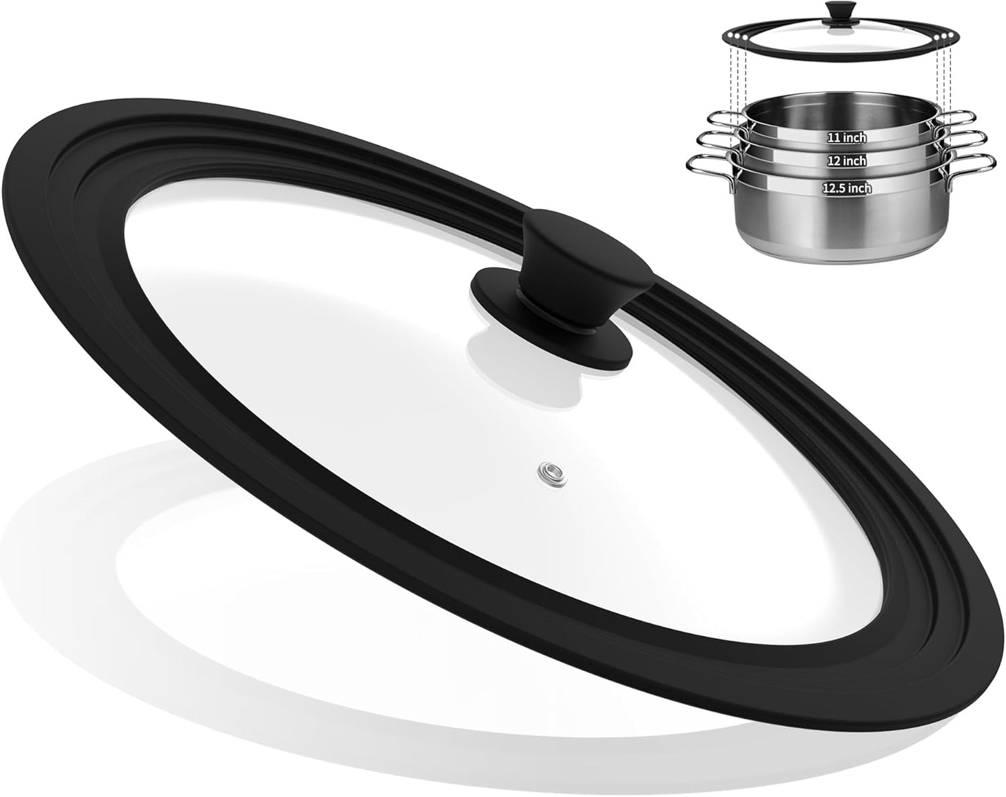 Universal Lid for Pots, Pans and Skillets Vented Tempered Glass with Heat Resistant Silicone Rim, Fits 11 inch, 12 inch, 12.5 inch Cookware, Replacement Lid, Black