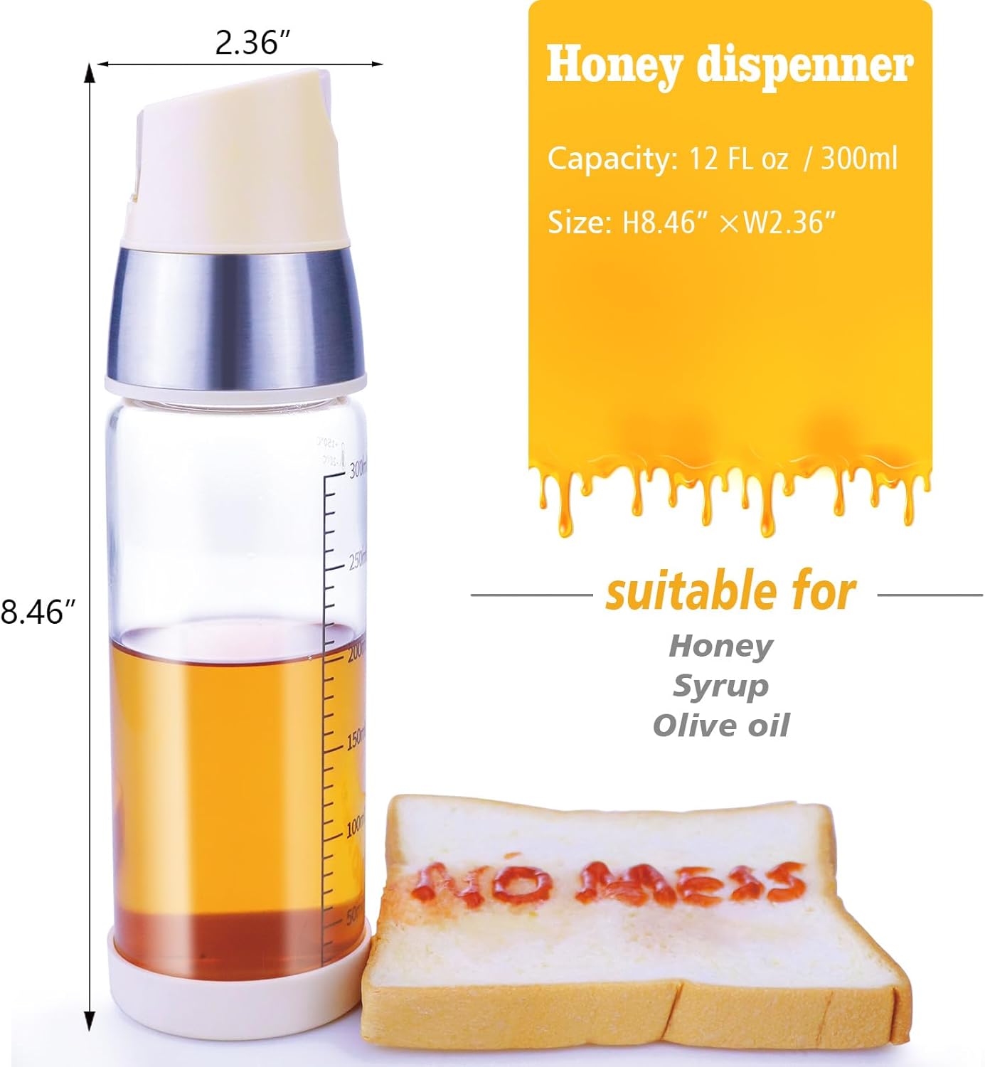 Honey Dispenser No Drip, Maple Syrup Dispenser, Olive Oil Dispensers, Glass Jar with Stand, Beautiful Honey Container, Perfect Oil Pot