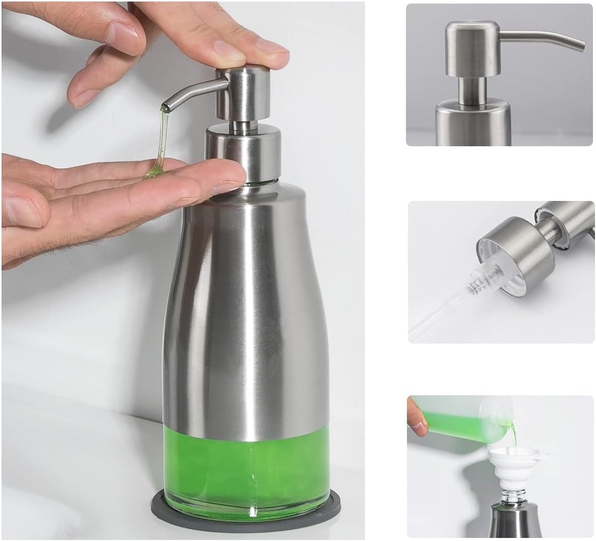 2 Pack Soap Dispenser with Coaster and Stickers, Stainless Steel Case Glass Liner Hand Pump Dispenser, Refillable Liquid Hand Soap Dispenser for Bathroom & Kitchen - Brushed Nickel