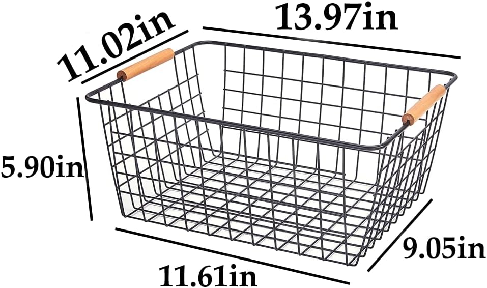 LeleCAT Large black wire baskets with Wooden Handles for storage pantry, Storage Organizer Baskets, Household Refrigerator for Cabinets, Closets, Bedrooms, kitchen - Set of 3 Black