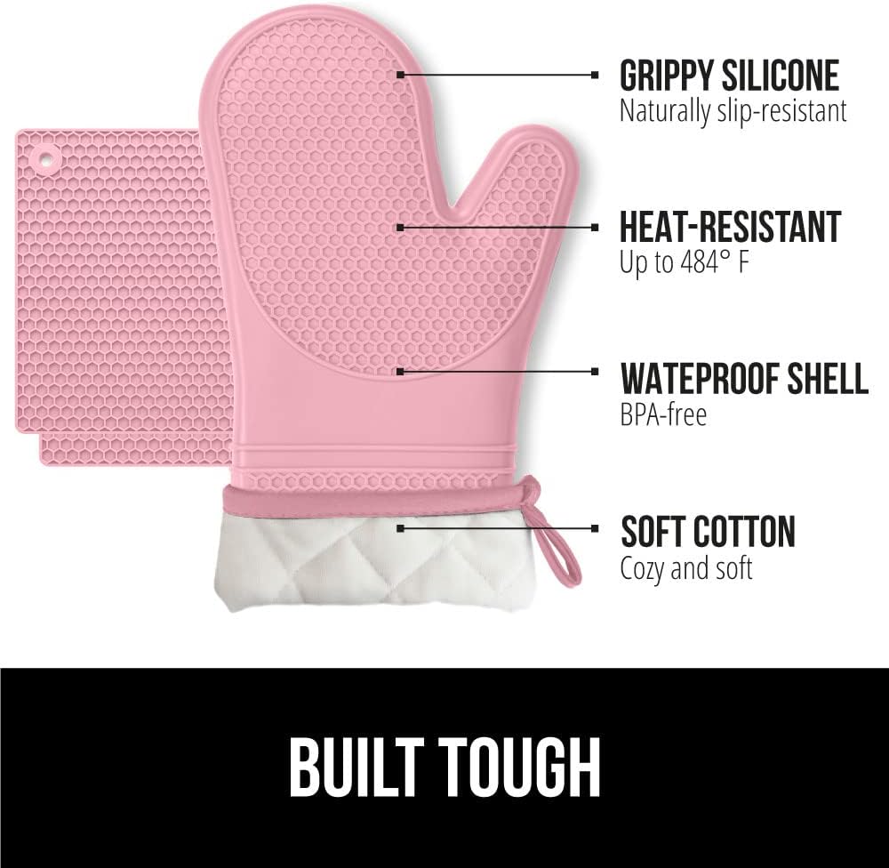 GORILLA GRIP BPA-Free Soft Silicone Oven Mitts and Pot Holders Sets of 4, Heat Resistant Waterproof Cooking Gloves, Thick Cotton Lining, Flexible Gripping for Baking Grilling, Kitchen Trivets, Pink