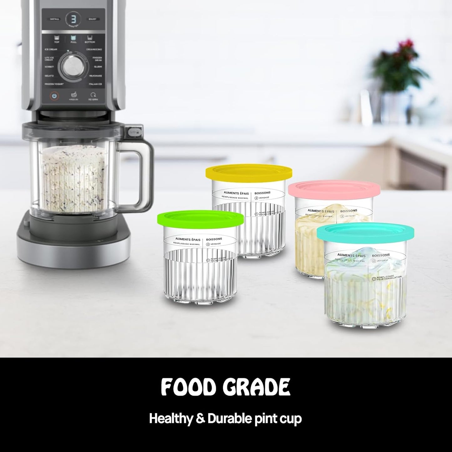 Pints for Ninja Creami Deluxe NC500 Series Creami Deluxe Ice Cream Makers, BPA-Free & Dishwasher Safe, Color Lids, 4 Pack, 24OZ Family Ice Cream Storage Containers Clear/Coral/Yellow/Green/Blue