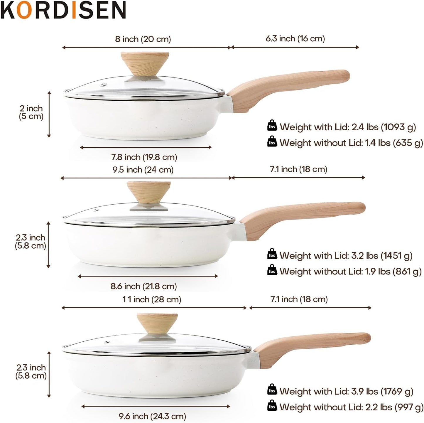 Ceramic Nonstick Frying Pan Skillet Set with Lid, 3 Piece Ceramic Pans for Cooking Non Toxic, Healthy Induction Cookware, Stay-Cool Handle, PFOA & PFAS Free (8 Inch, 9.5 Inch, 11 Inch)