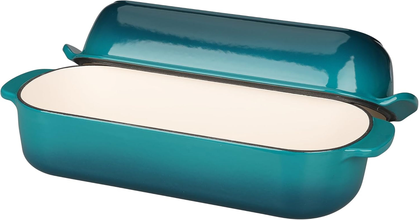 Enameled Cast Iron Loaf Pan with Lid, Dutch Oven for Homemade Bread Baking, 12.5x5.5 inch, 5Qt, Darkcyan